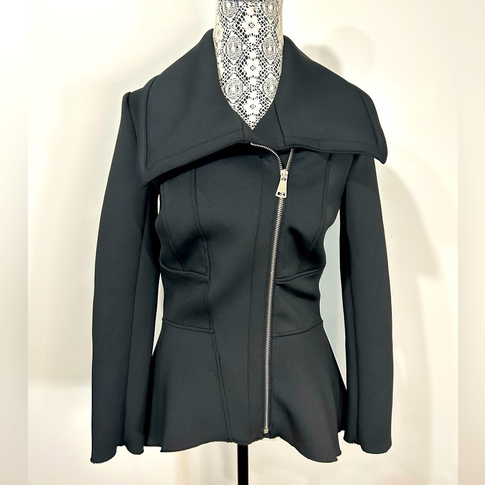 BEBE scuba fabric asymmetrical zip raw hem motorcycle inspired jacket